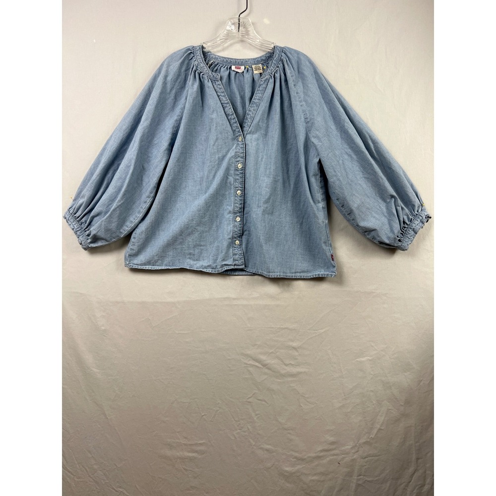 Levi's Denim Peasant Blouse Women Large Chambray Balloon Sleeve Cotton Top